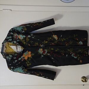 Biya Collection Vintage Long Coat WOMENS size SMALL BLACK Embroidered Floral